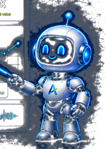 Friendly Ascend AI robot pointing toward the growth dashboard